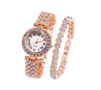 Ladies Korean Fashion Rhinestone Wristwatch Bracelet Set